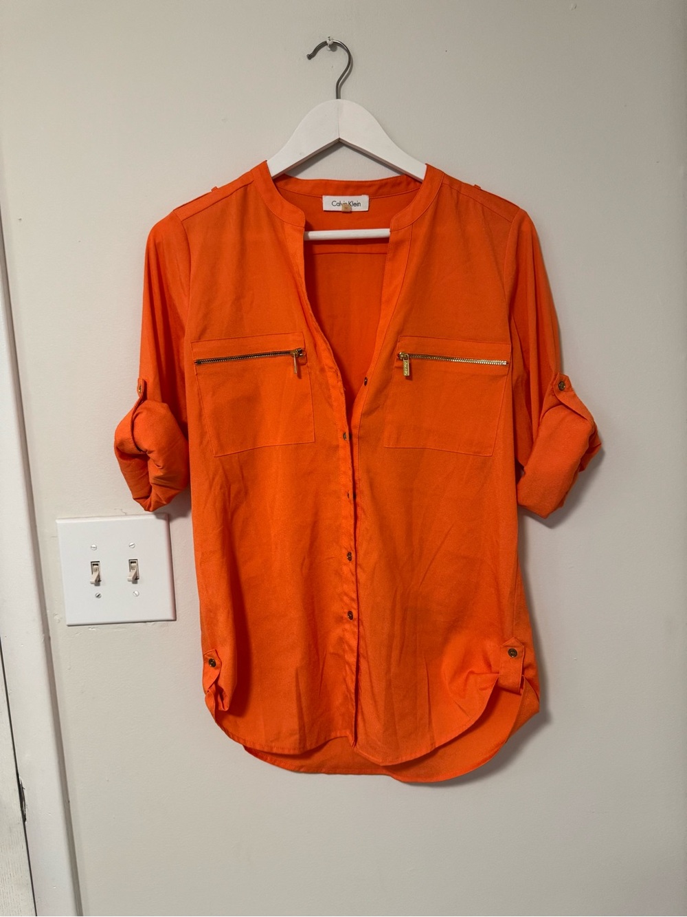 Calvin Klein Bright Orange Button-Front Roll-Sleeve Blouse